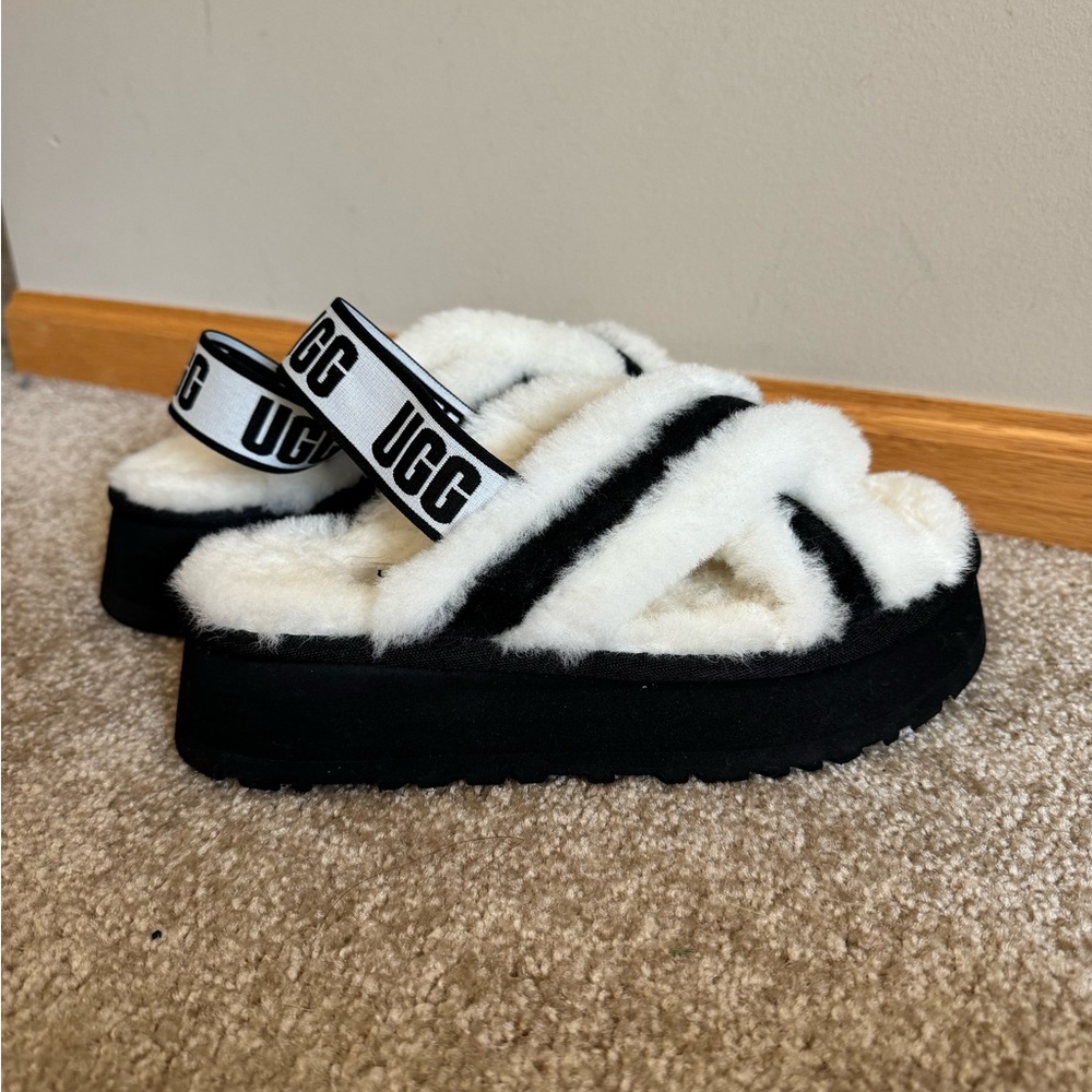 UGG Black and White Fluffy Sandals